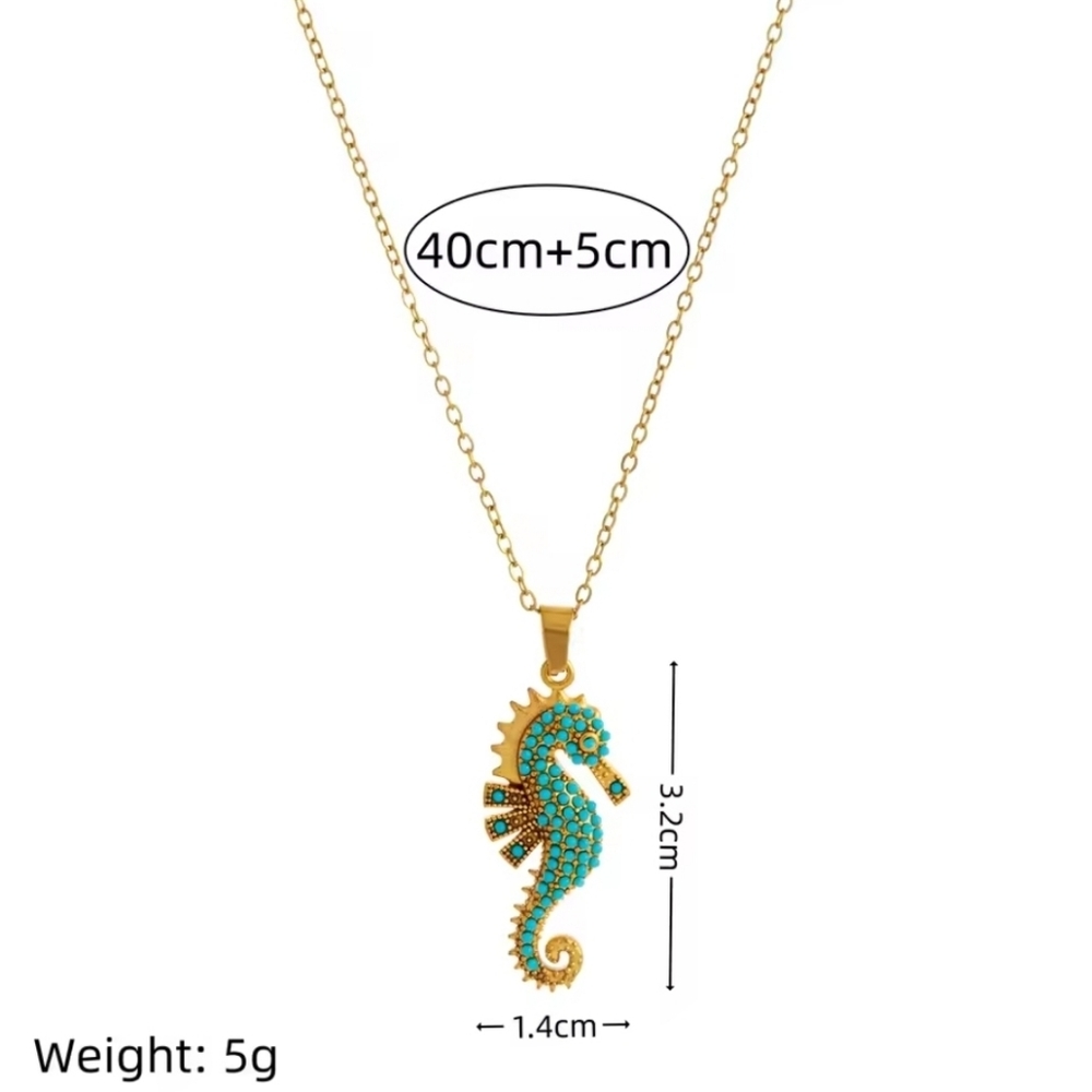 18kgp Stainless Steel. Seahorse Pendant Necklace W Aqua Blue CZs - Picture 4 of 4